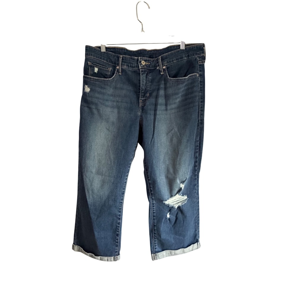 Levis Women 18W Distressed Capri Jeans Dark Wash Cuffed Cropped Denim Mid Rise